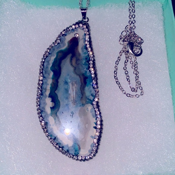 Natural Blue Agate cubic zirconia Sterling Silver 20”Necklace - Picture 4 of 6